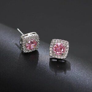 Women's Light Pink Square Simulated Dainty Diamond Halo Sparkling Stud Earring